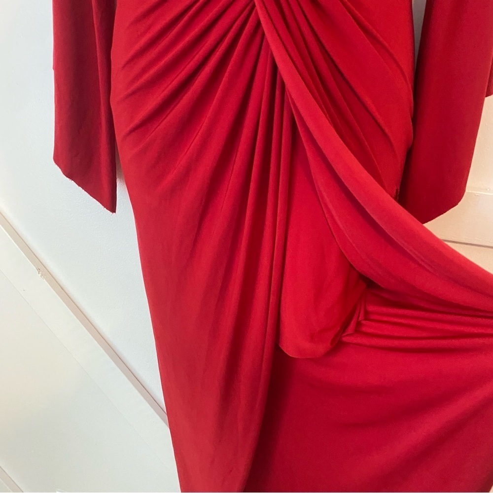Misa Teget High Low Hem Ruched Twist Front Long Flare Sleeve V-Neck Dress Red S - Picture 6 of 11